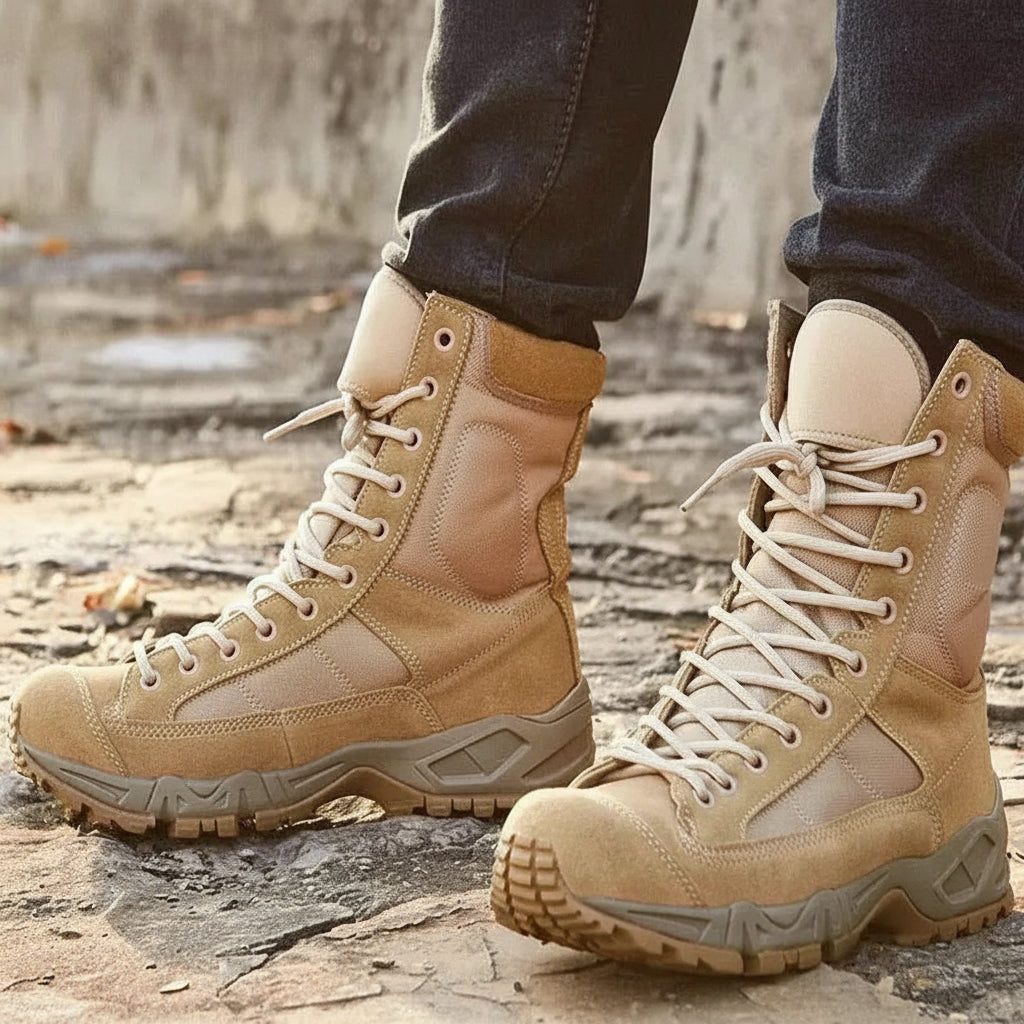 Hombre Tactical Boots in Tan, ideal tactical outdoor footwear for rugged terrains and various weather conditions