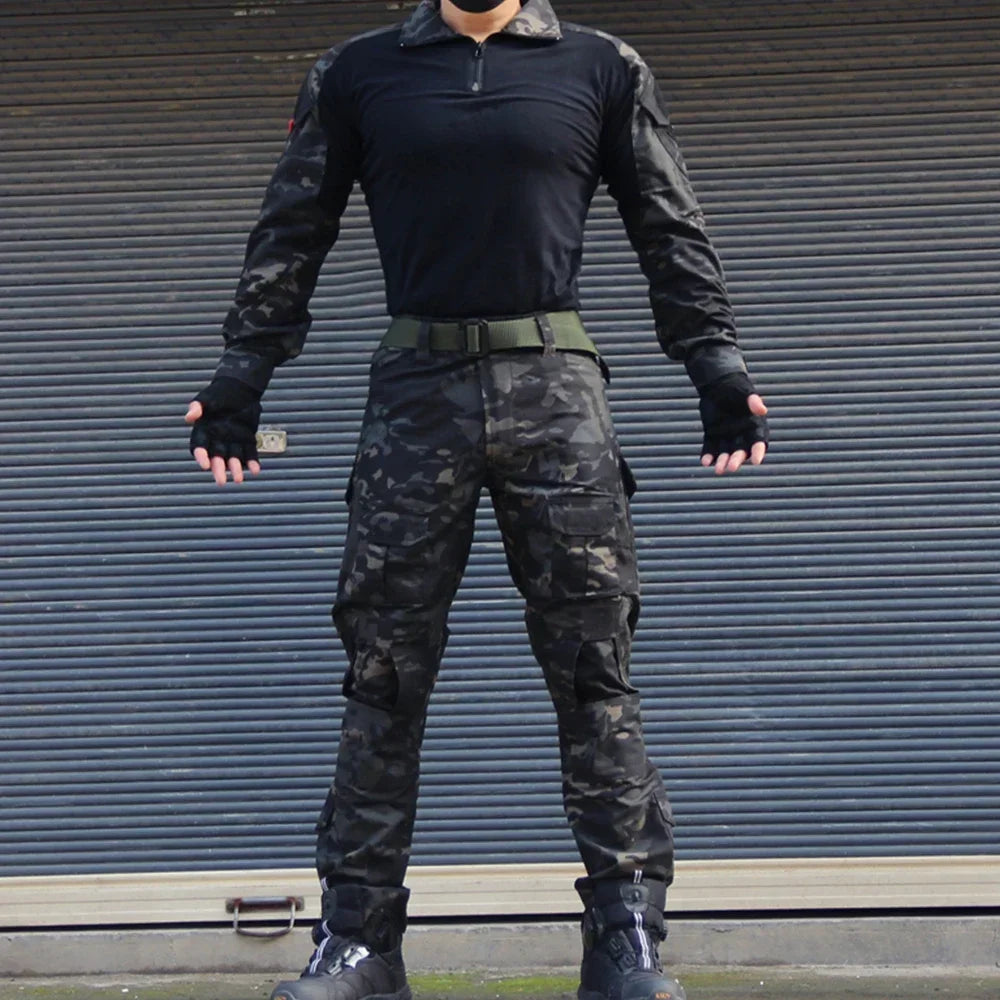 Black tactical outdoor suit for rugged outdoor and military use