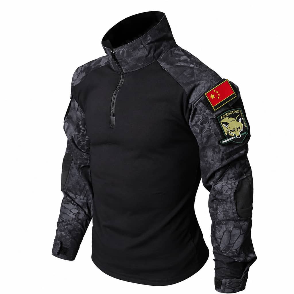 Black tactical outdoor suit with patches for military training