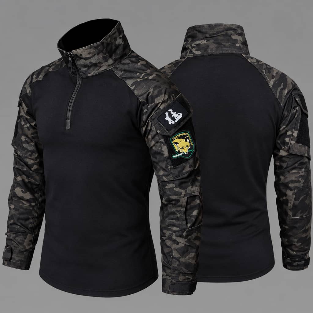 Tactical outdoor suit in black with camouflage sleeves for outdoor activities