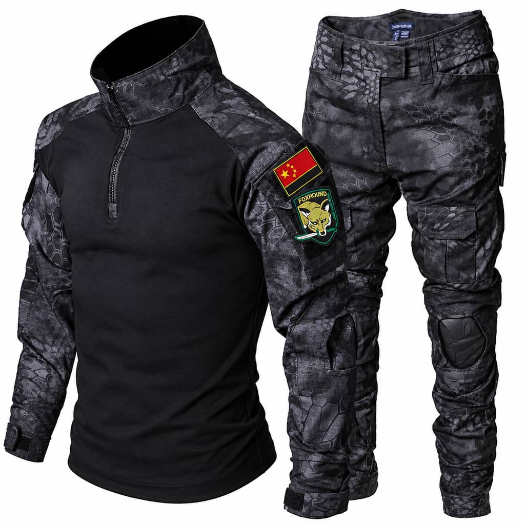 Black tactical outdoor suit with camouflage pants for outdoor activities