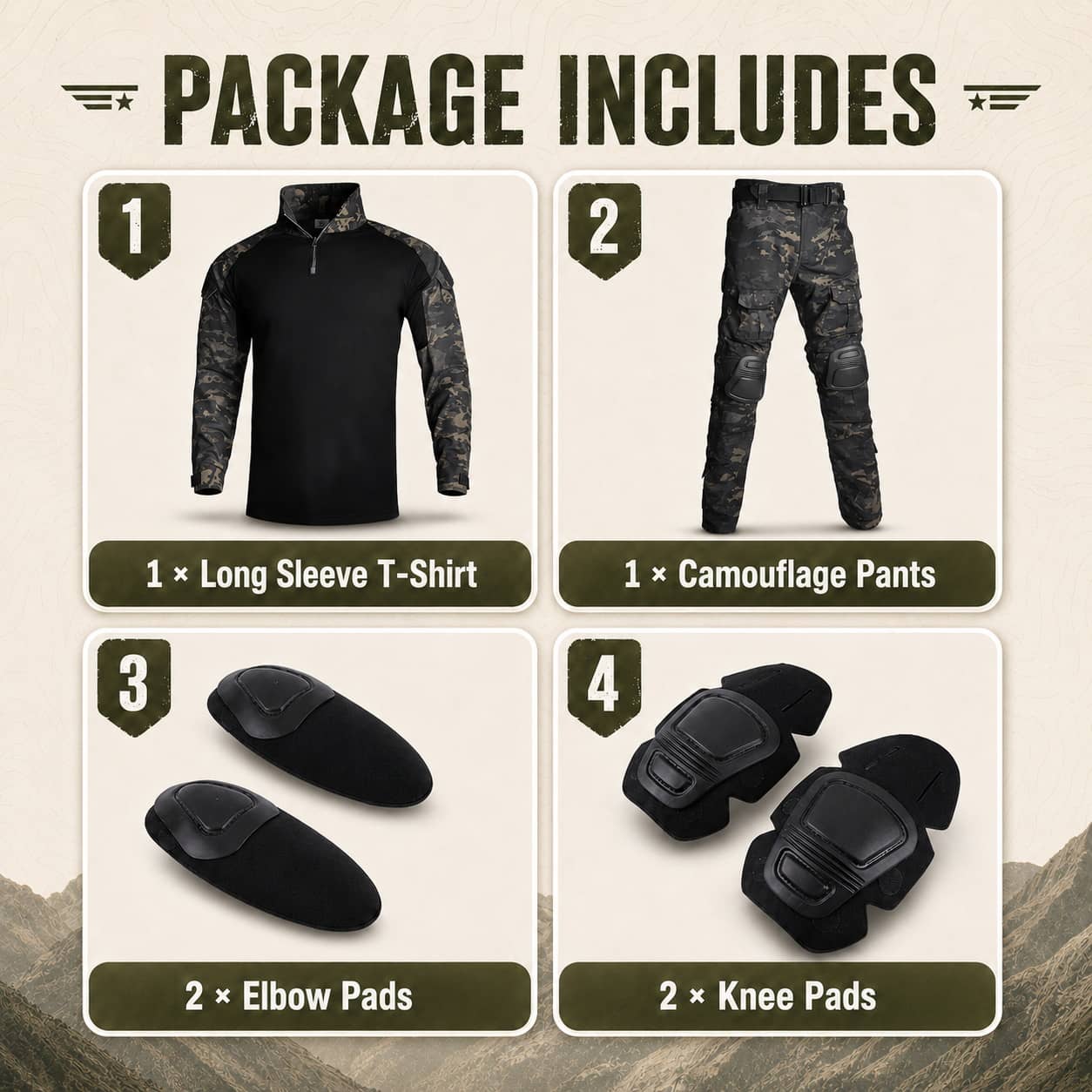 Tactical outdoor suit in camouflage includes long sleeve shirt and pants