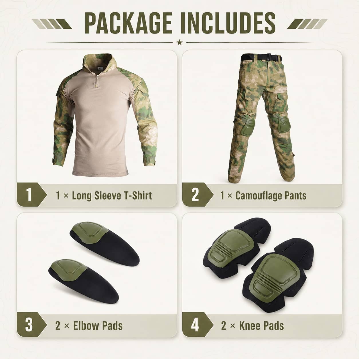 Tactical outdoor suit with tan shirt and camouflage pants for outdoor activities
