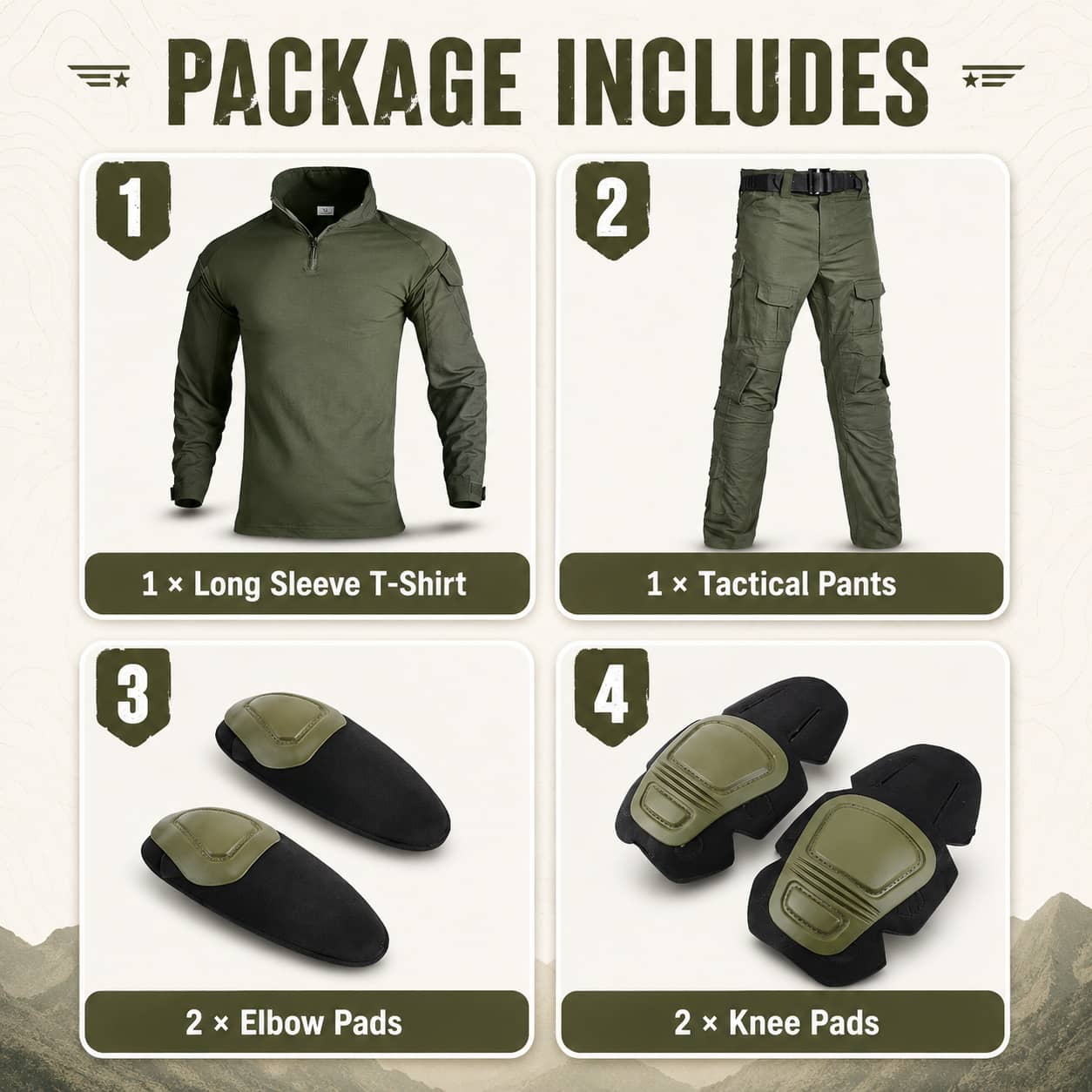 Military green tactical outdoor suit with padded elbows and knees for enhanced protection