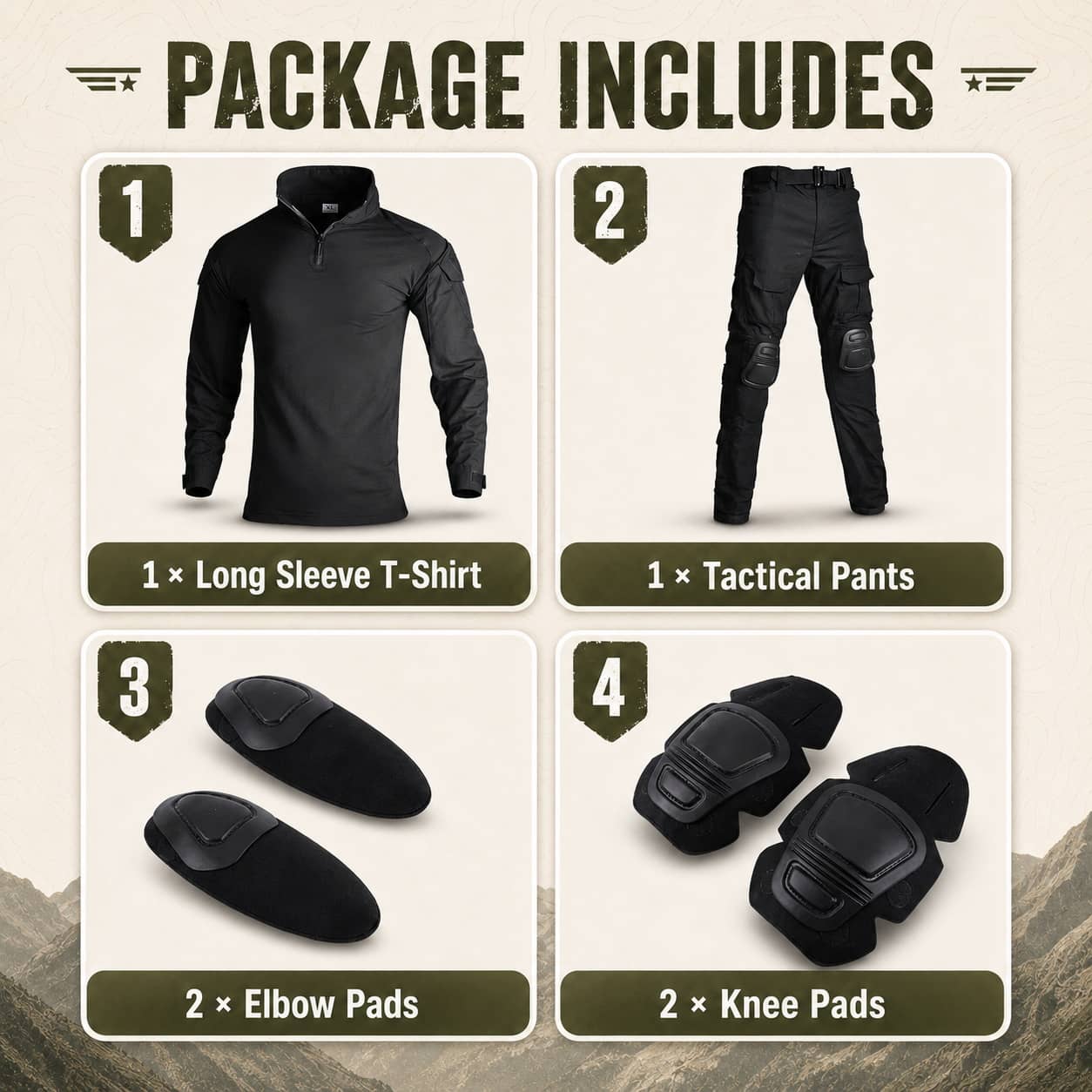 Black tactical outdoor suit with long sleeve shirt and tactical pants