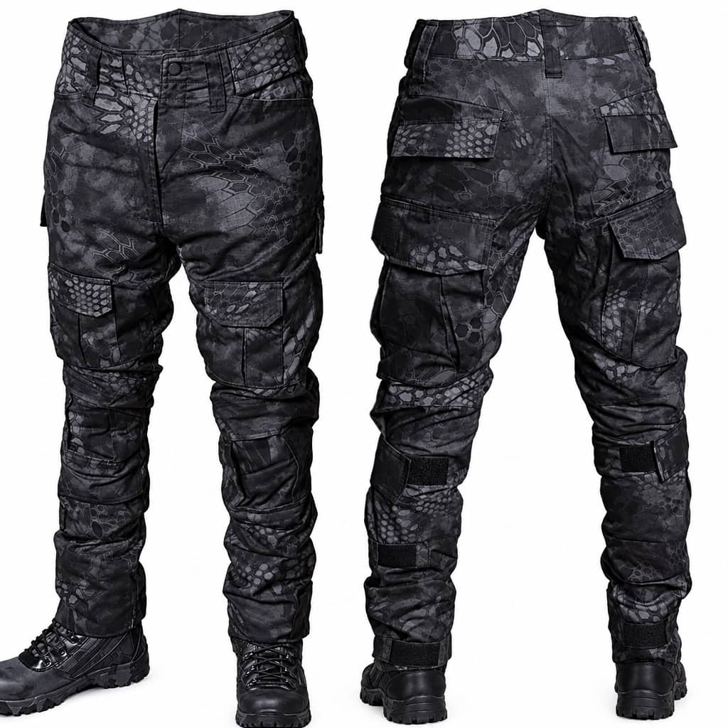 Tactical outdoor suit in black camouflage for rugged outdoor activities