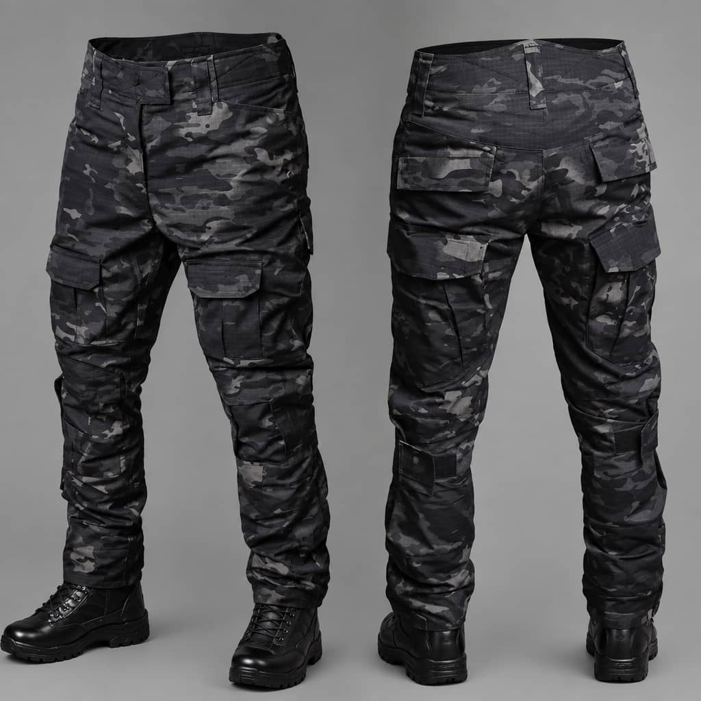Black camouflage tactical outdoor suit designed for outdoor activities and rugged use