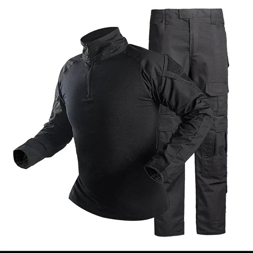 Black tactical outdoor suit for enhanced mobility and durability