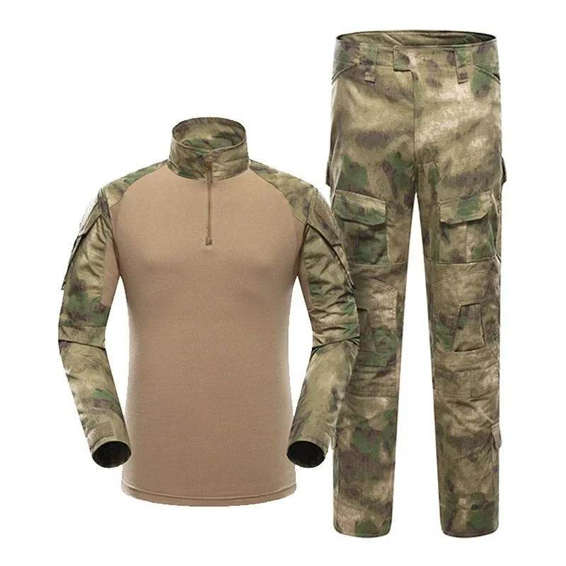 Tan tactical outdoor suit with camouflage sleeves for outdoor activities