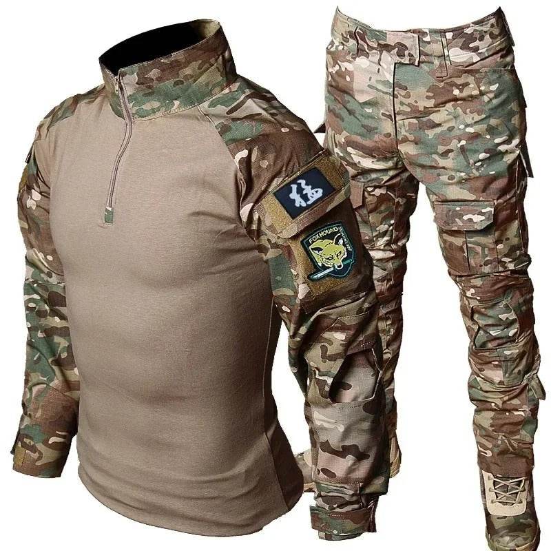 Tactical outdoor suit in camouflage with zippered top and cargo pants for outdoor activities