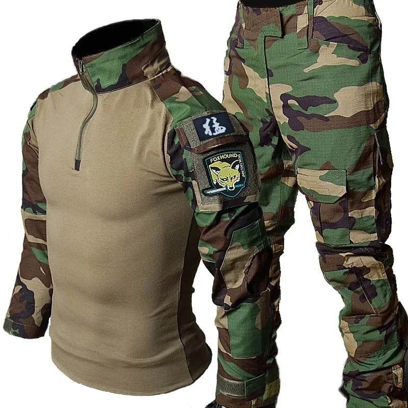 Tactical outdoor suit in camouflage with zip-up top for outdoor activities