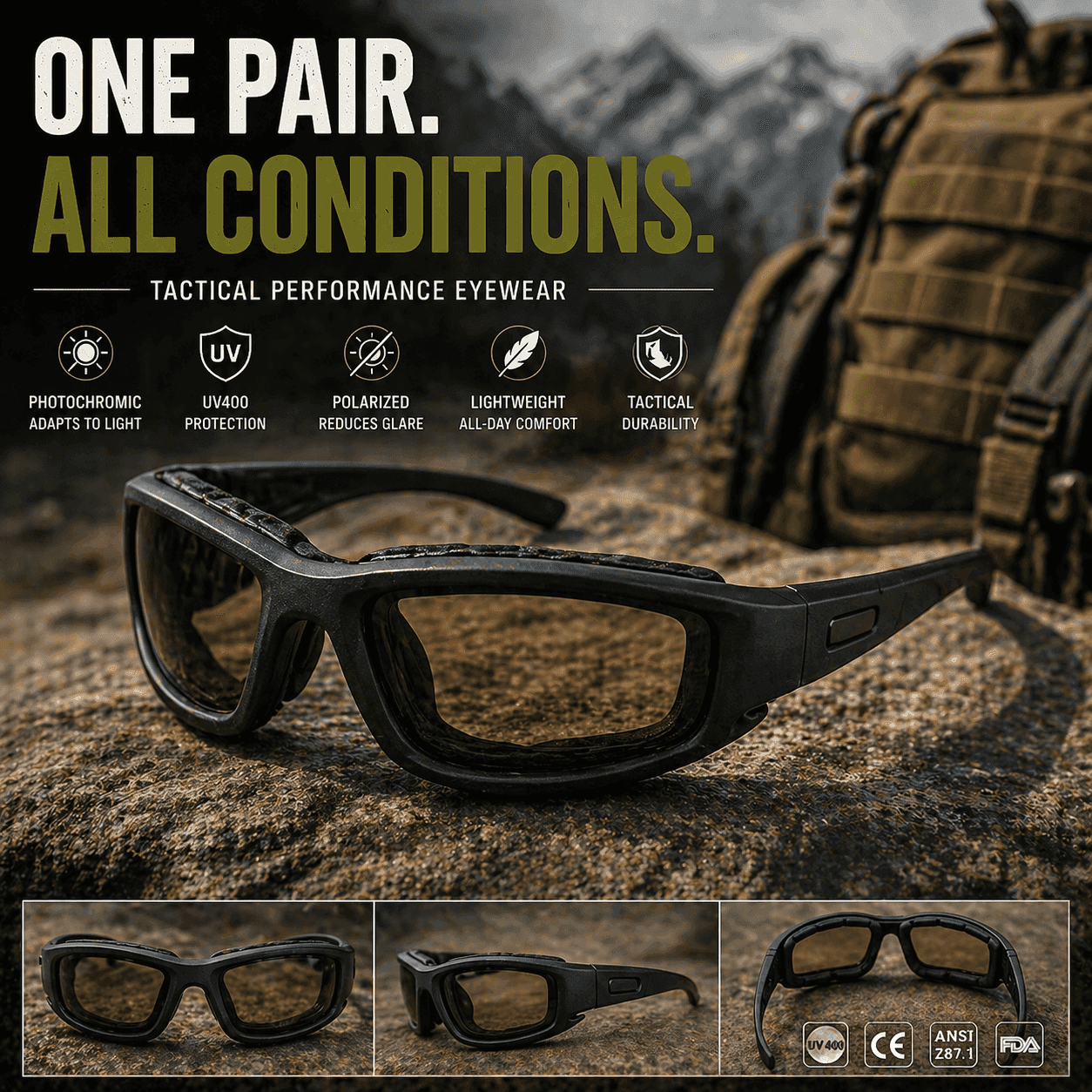 Black tactical performance eyewear with photochromic polarized glasses for all conditions