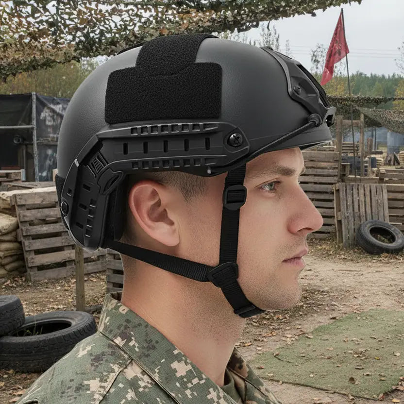 Black tactical protective helmet for military and outdoor activities