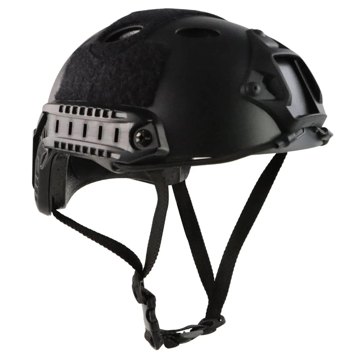 Black tactical protective helmet designed for military and outdoor use