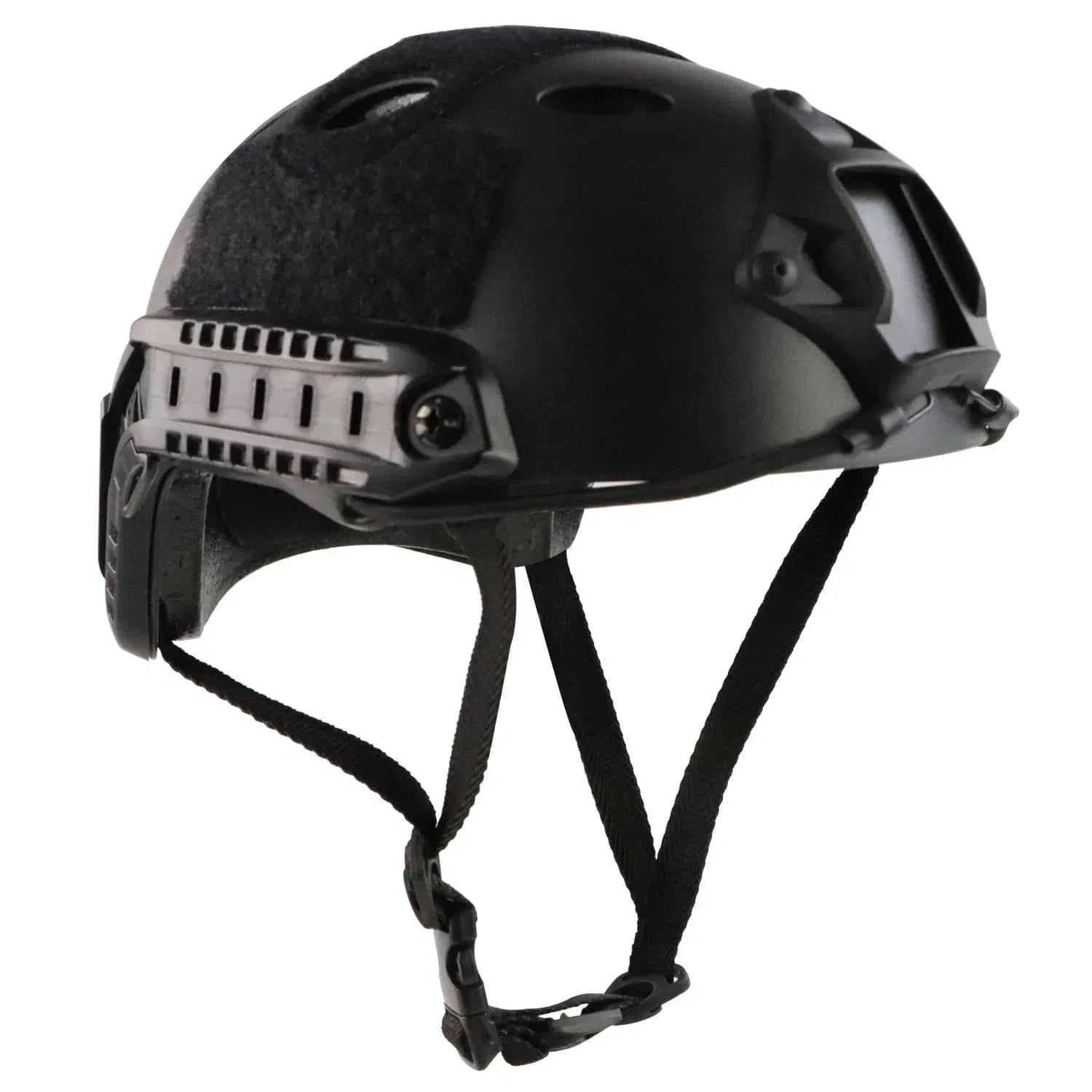 Black tactical protective helmet designed for military and outdoor use