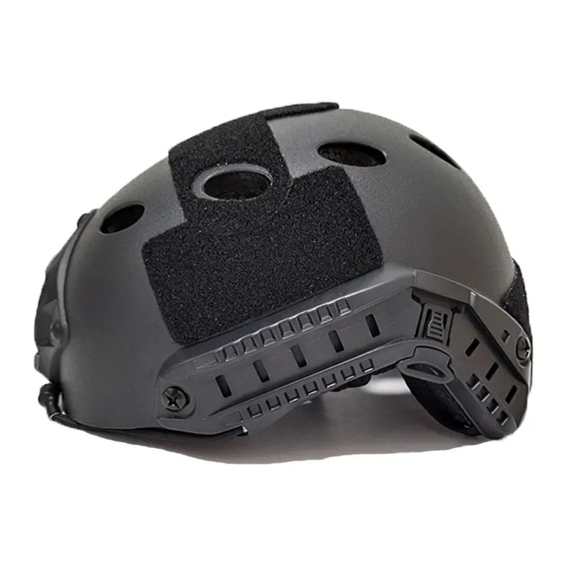 Black tactical protective helmet with adjustable straps for enhanced safety