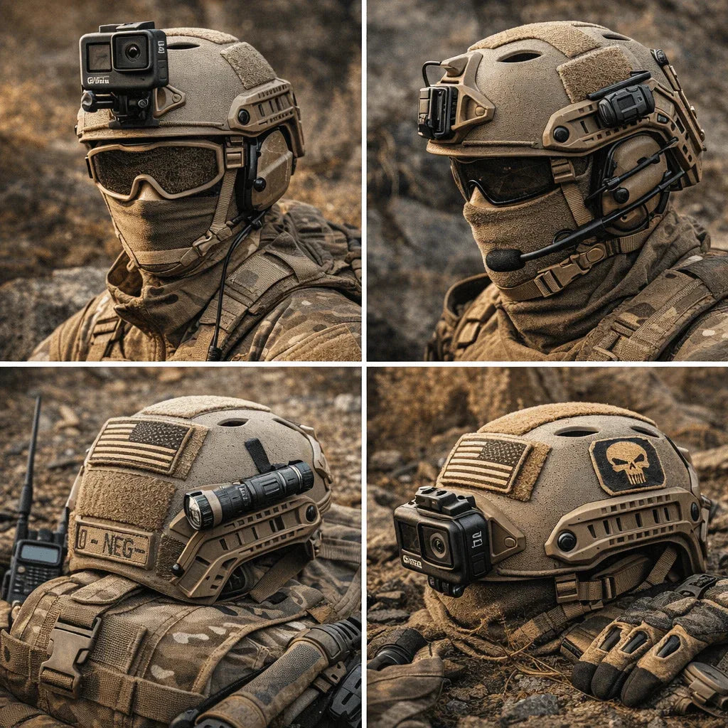 Tactical protective helmet in tan with mounted camera and communication gear