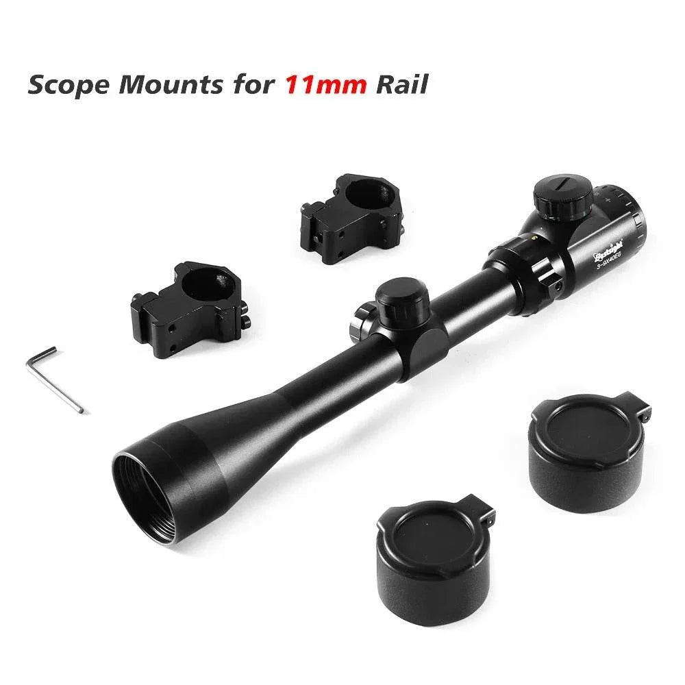 Black tactical rifle scope with mounts for 11mm rail, ideal for precision shooting