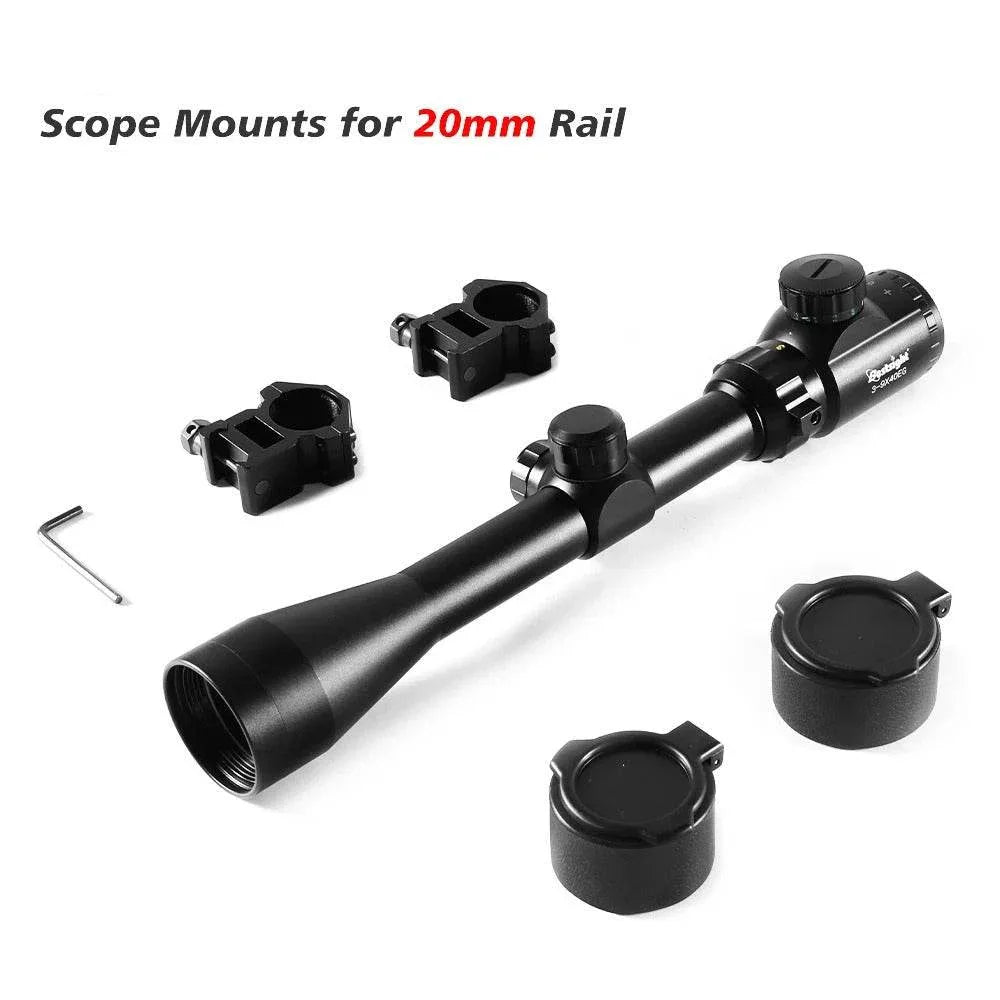 Black tactical rifle scope with mounts for 20mm rail