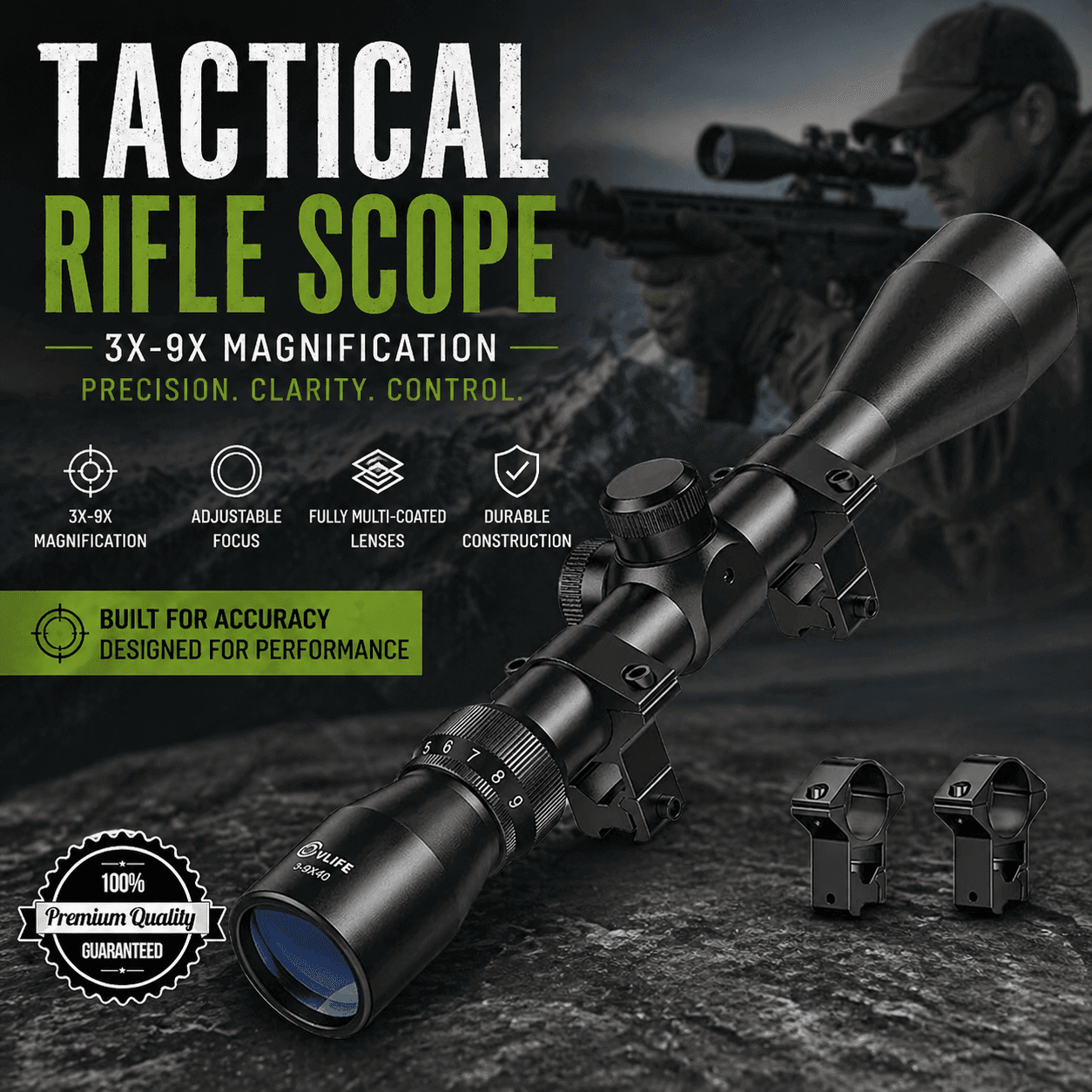 Tactical rifle scope with 3x-9x magnification for precision and clarity