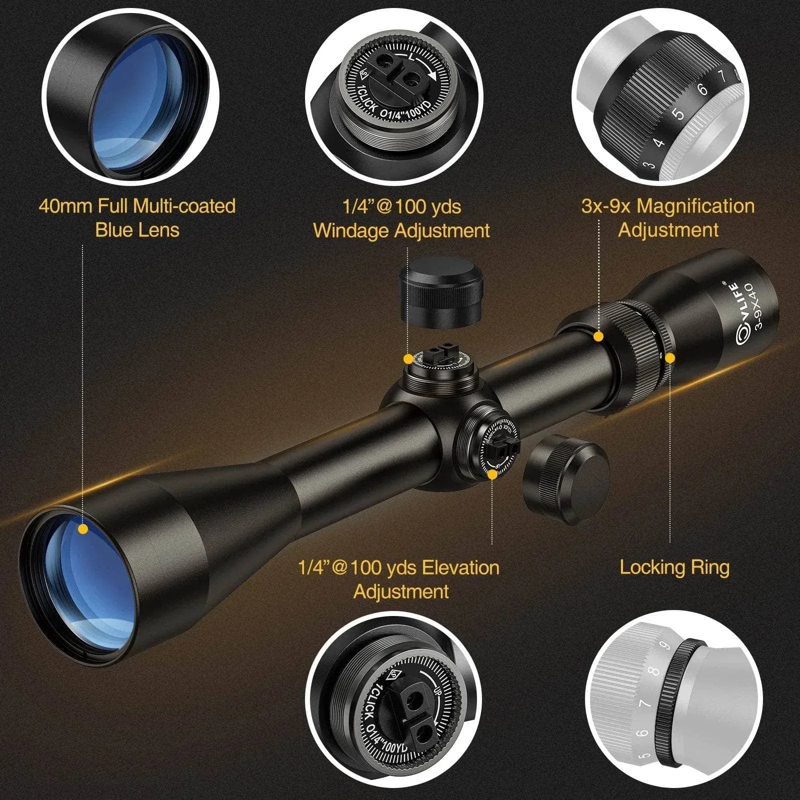 Black tactical rifle scope with 3-9x magnification and adjustment features
