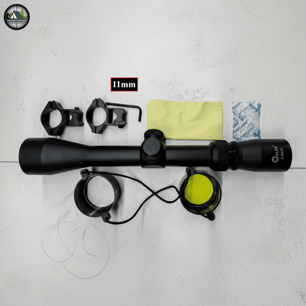 Black tactical rifle scope with mount and lens cleaning cloth for precision shooting