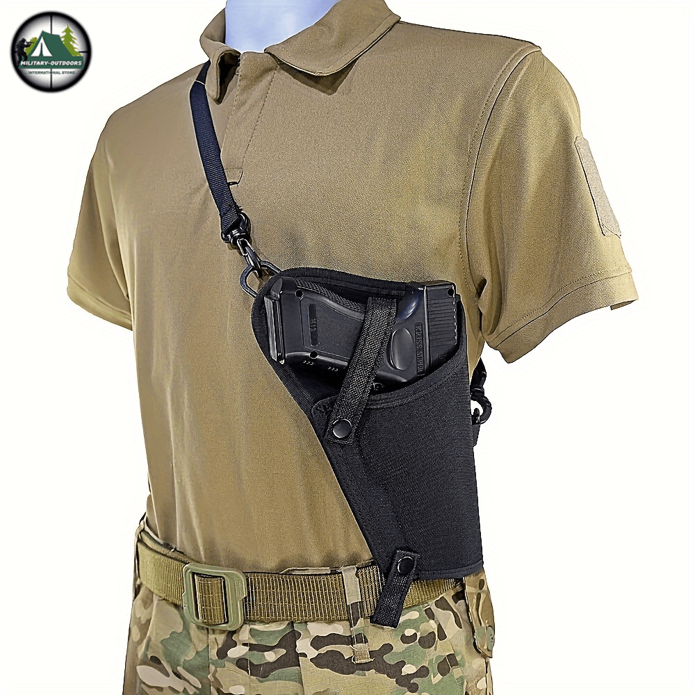 Right-handed gun holster worn by a person in a tactical shirt, ideal for hands-free firearm access
