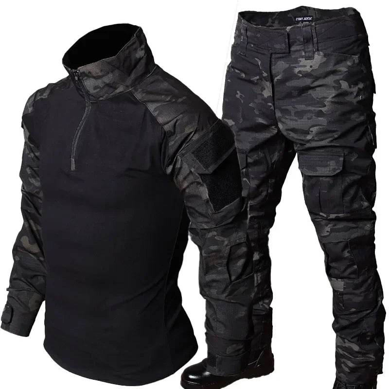 Tactical set t-shirt and pants in black and camouflage for outdoor and military activities