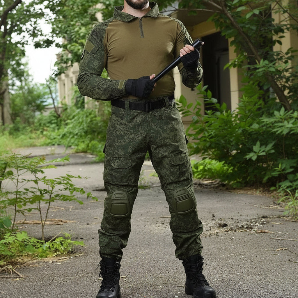 Military tactical set t-shirt and pants in green camouflage for outdoor activities