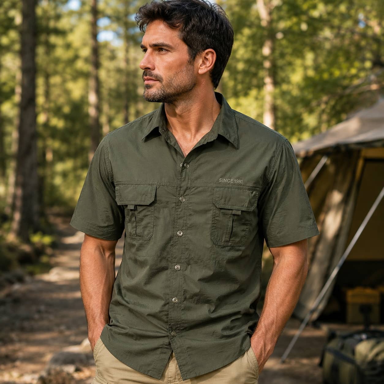 Short Sleeve Tactical Shirt in Olive Green for Outdoor Adventures