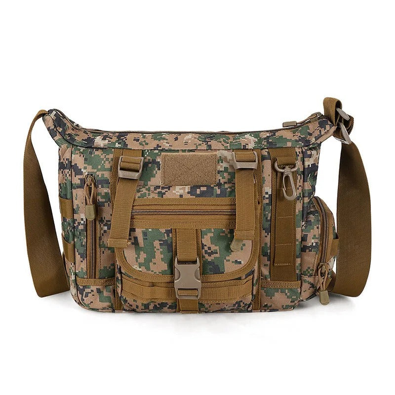 Military camouflage tactical sling bag with multiple pockets and adjustable strap for outdoor activities