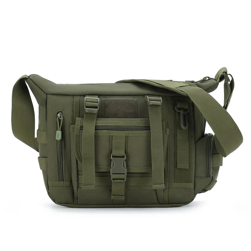 Green tactical sling bag with multiple pockets and adjustable strap for security and convenience