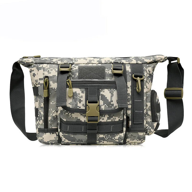 Tactical sling bag in camo pattern with multiple pockets for outdoor activities and gear storage