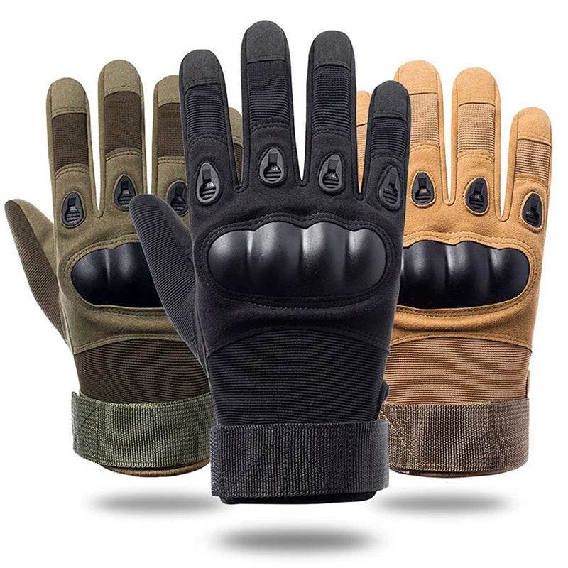 Tactical-style outdoor gloves in black, tan, and green for enhanced protection