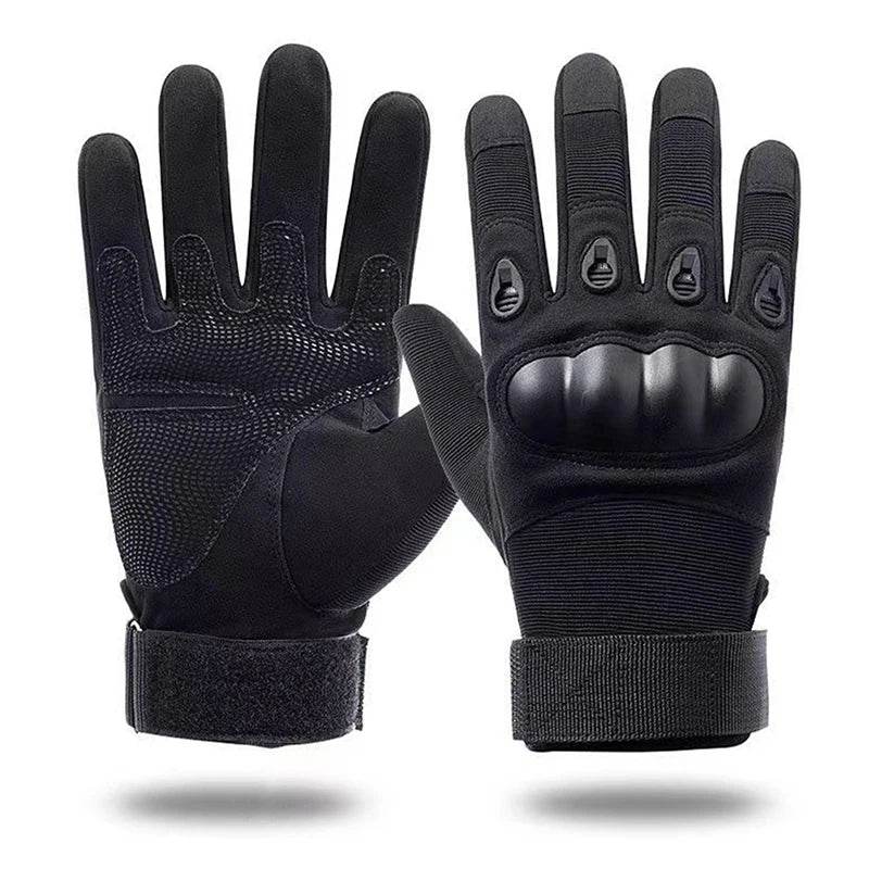 Black tactical-style outdoor gloves with reinforced knuckles for durability