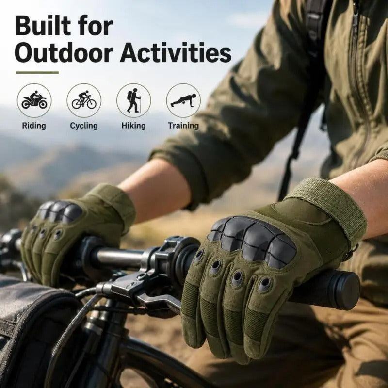 Tactical-style outdoor gloves in green, ideal for biking and outdoor activities