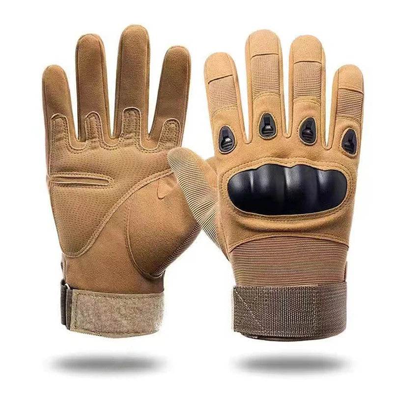 Tactical-style outdoor gloves in tan with reinforced knuckles for enhanced protection