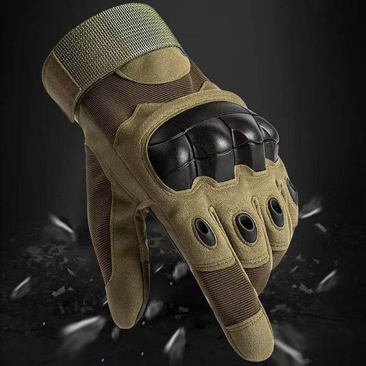 Tactical-style outdoor gloves in tan with armored knuckles for protection