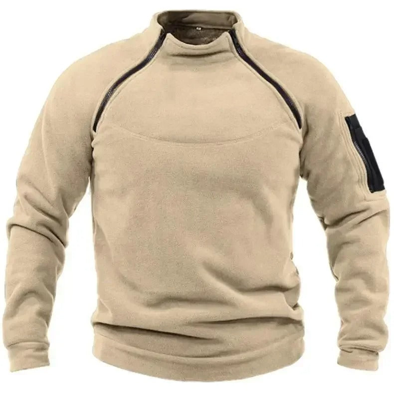 Tactical sweater in tan with durable fabric for outdoor activities