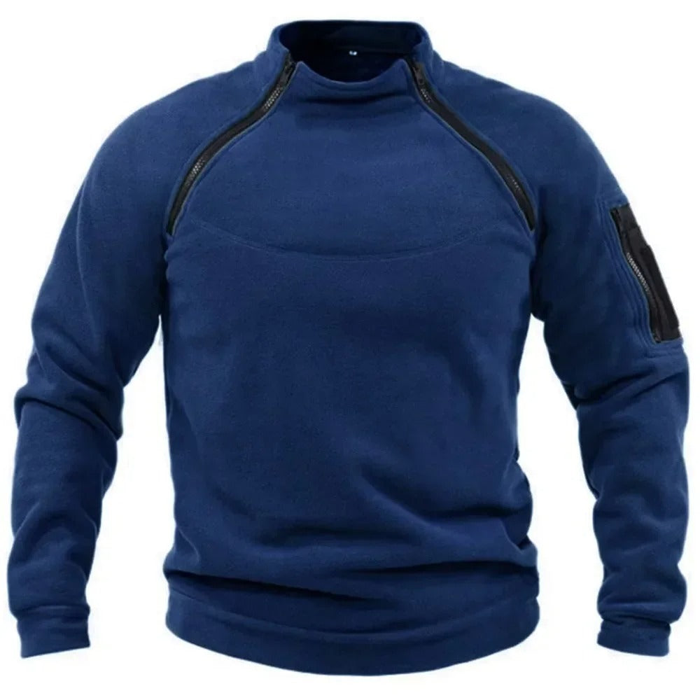Navy tactical sweater with zippered pockets for outdoor activities