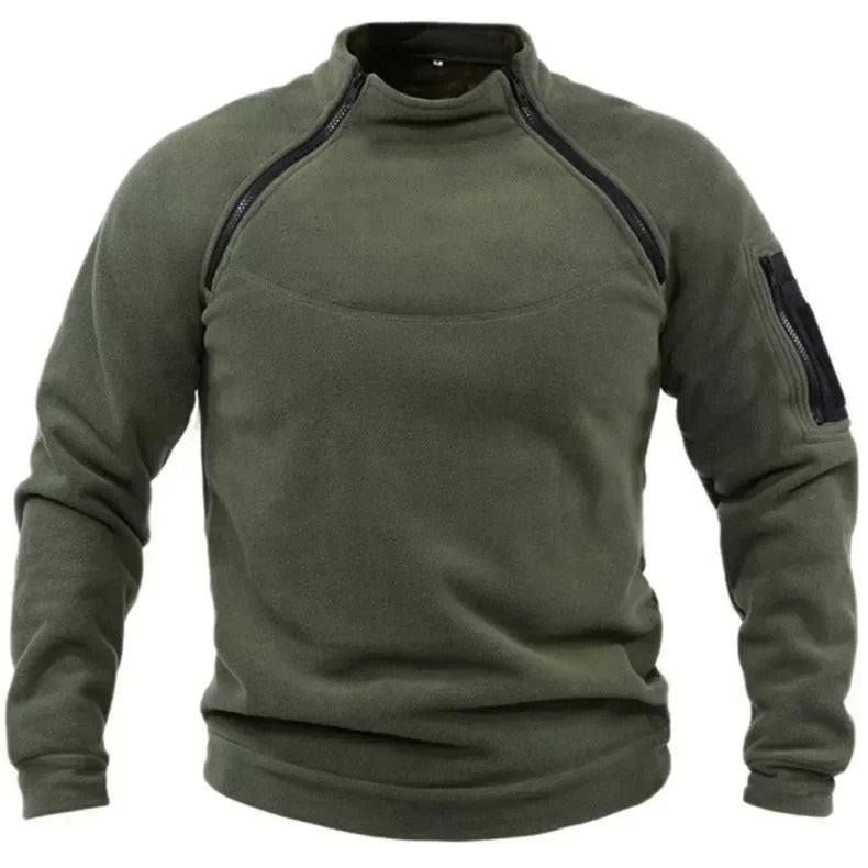 Green tactical sweater with zippered pockets for outdoor activities