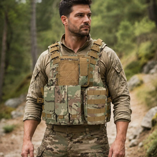 Tactical vest in camo for outdoor activities and military use
