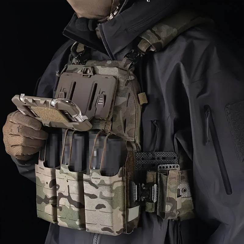 Tactical vest phone holder in camouflage, ideal for hands-free access