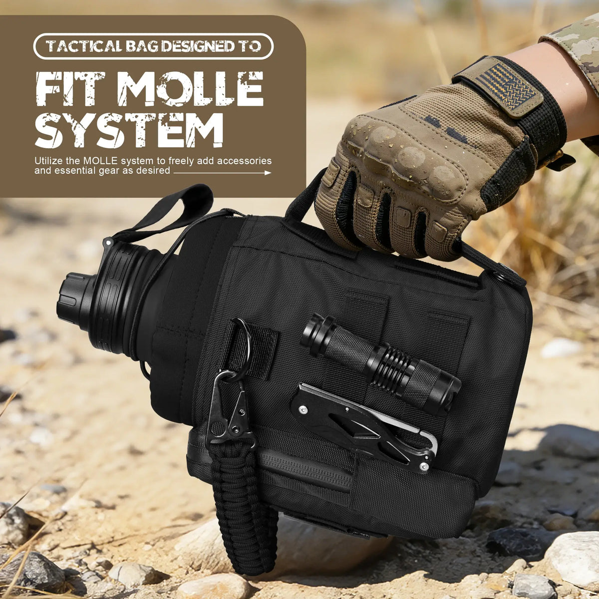 Insulated water bottle in black designed for tactical MOLLE system use