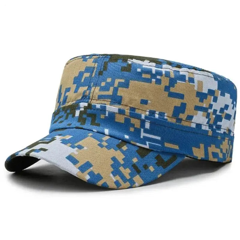 Camouflage soldier hats in blue and tan for outdoor activities