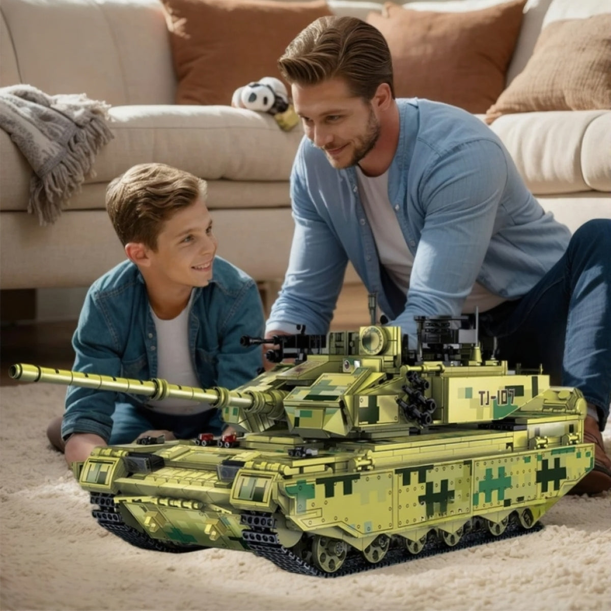 Father and son building a tank building blocks set together on a carpet for family fun