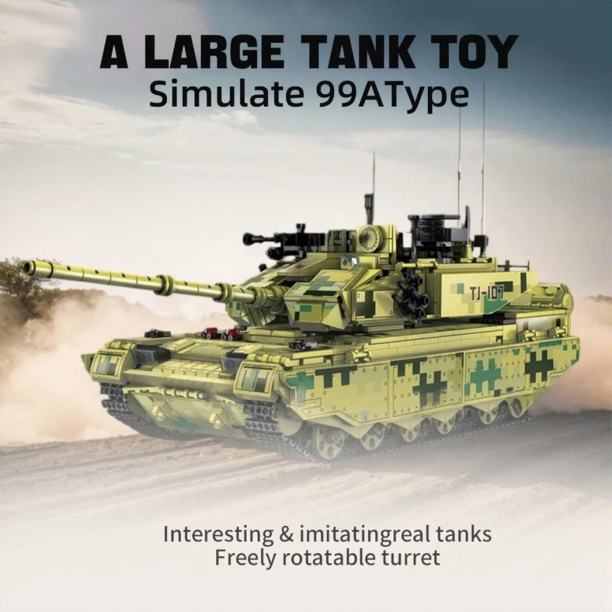 Tank building blocks set featuring a realistic toy tank design with a freely rotatable turret
