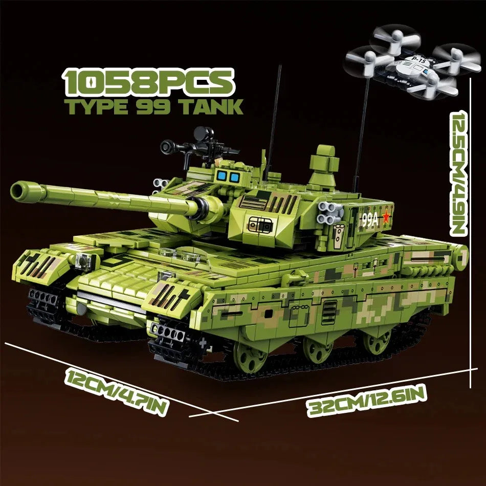 Tank building blocks set in green, 1058 pieces, features a detailed Type 99 tank design