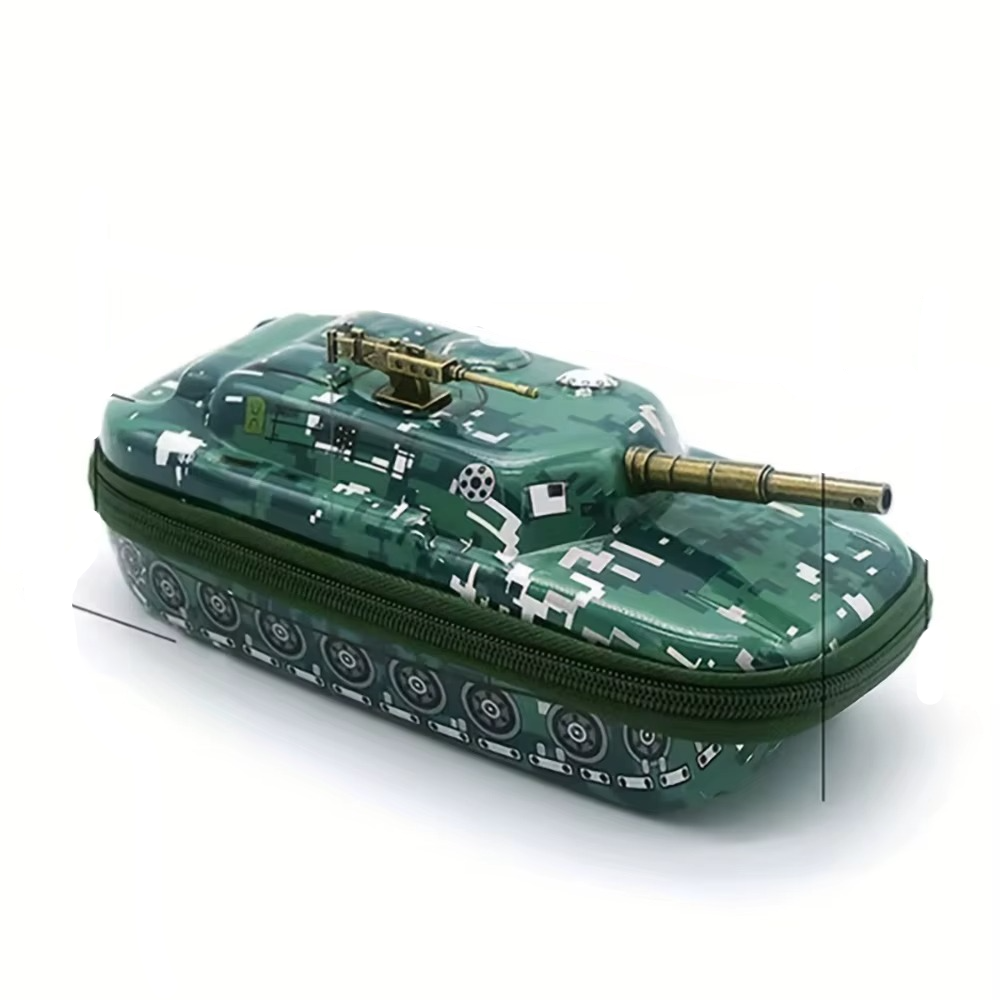 Tank pen pouch for kids in green camouflage design with a realistic tank shape