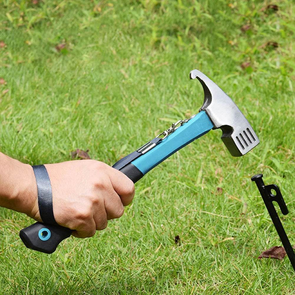 Multi-functional hammer in blue for driving tent pegs into the ground